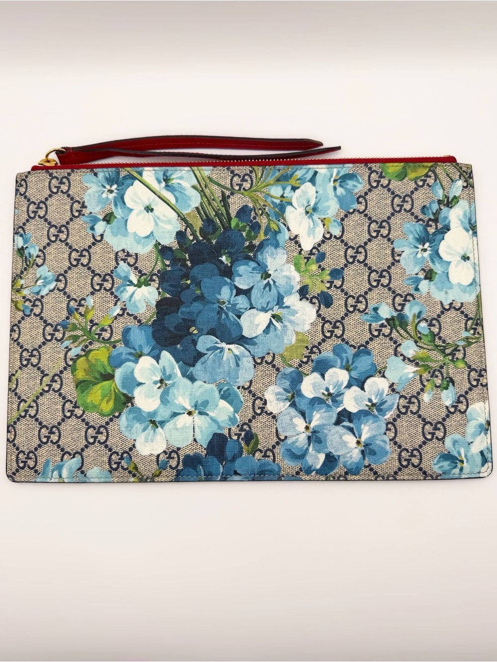 Gucci Floral GG Supreme Blooms Clutch Bag Beige Blue Leather Pouch like new
